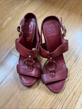 Tory Burch Burgundy Leather Ring-Accent Heeled Sandals